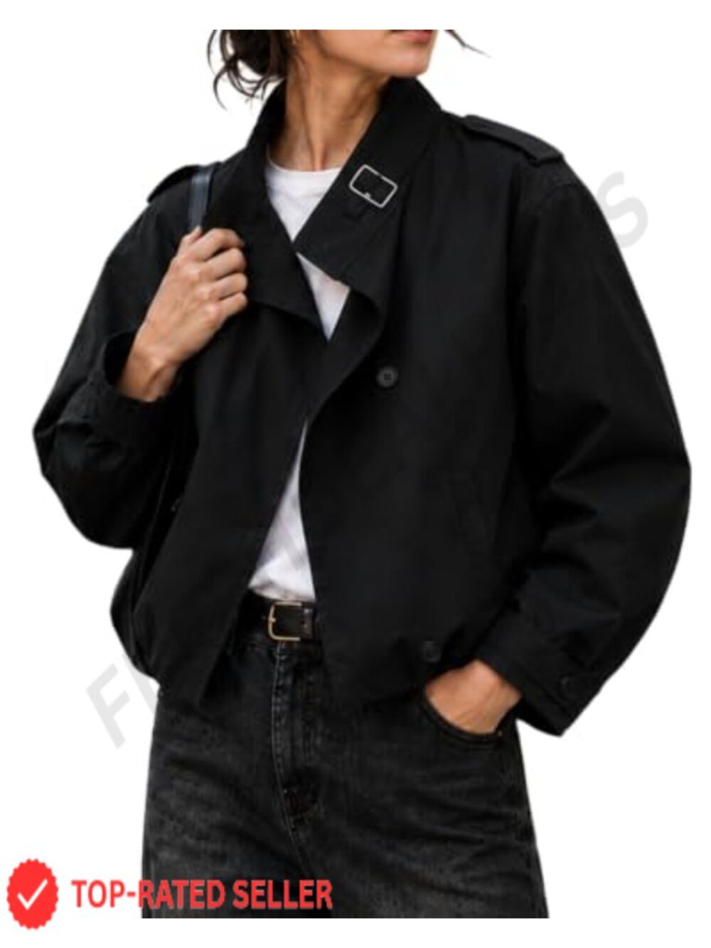 Women's Cropped Trench Jacket Cotton Blend Funnel Neck Pockets
